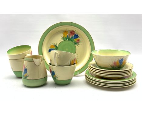 Clarice Cliff Crocus pattern tea set comprising four teacups, five saucers, five tea plates, side plate and milk jug all stam