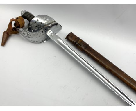 George V Indian Army officers sword with engraved blade and wire wound fish skin grip in leather covered service scabbard and