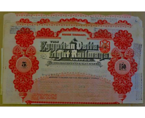 The Egyptian Light Railways Limited - 1907 Share Certificate.  Warrant To bearer For five Preference Shares For Five Shares O