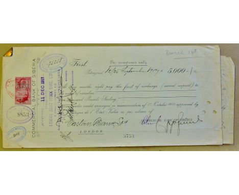 Commercial Bank of Siberia - 1917.  First bank exchanges' is for œ5000, Foreign bill œ250  KE VI Duty Stamp, with second bill