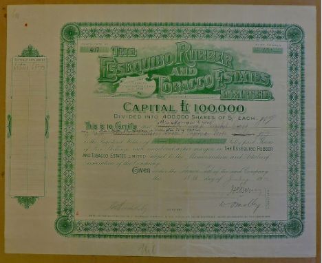 British Guiana- 1910 - The Essequibo and Tobacco Rubber Estates Limited. Share certificate very rare. 