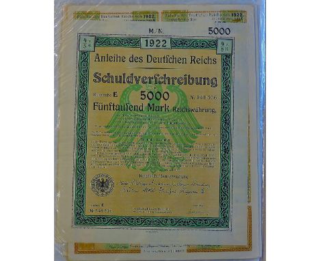 Anleihe des Deutchen Reichs - 1922.  5000 Mark Schuldverfchreibung share Certificate with coupon sheets (10)