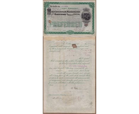 The Cincinnati, Washington & Baltimore Railroad Company;  Share Certificate for 10 Shares at 100 dollars each.  Steam Locomot