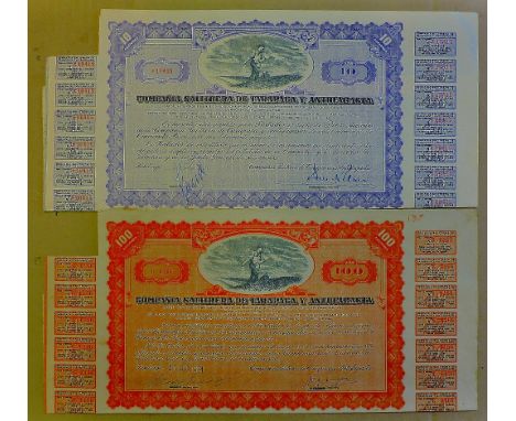 Compa¤¡a Salitrera De Tarapaca Y Antofagasta - 1934 - Chile.  Two 1934 share certificates  for 10 & 100 shares.  Beautiful vi
