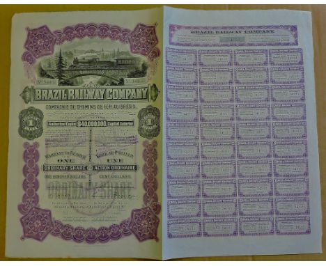 Brazil Railway Company 1911 Share Certificate 100 Dollar Share with coupons. Fine steam locomotive vignette
