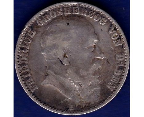 Germany (Baden) - 1907  2 Mark Frederick, silver.  Ref KM278, Grade NVF.