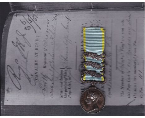 Crimea Medal with three bars: Sebastopol, Inkermann and Balaklava. Named to Thomas Wire 6th dragoons (The 6th dragoons took p