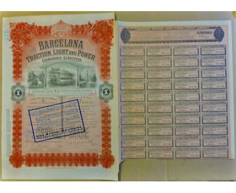 Barcelona Traction Light and Power Company Limited - 1923.  100 Dollars in gold,  Colourful with fine vignette, with coupons.