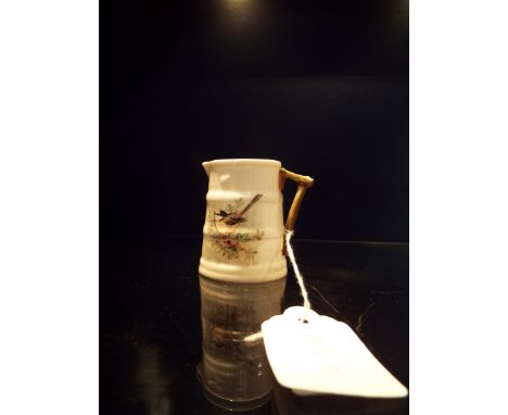 A Royal Worcester porcelain jug of tapering cylindrical coopered form with angular rustic handle, hand painted with a long ta