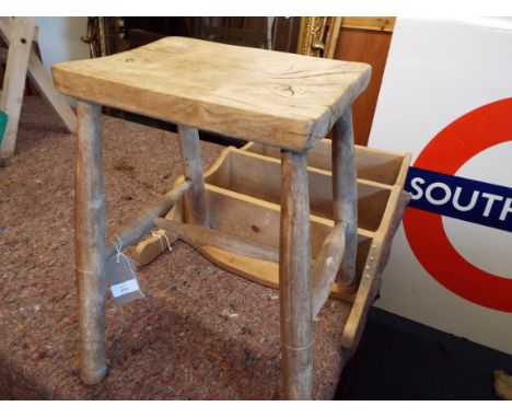 A pine wall shelf rack together with a pine stool