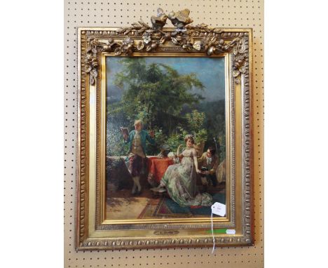 CESARE AUGUSTO DETTI (Italian, 1847 - 1914) oil on panel depicting three figures in an exterior scene, signed 'C. Detti' and 