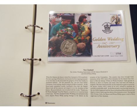Three albums of First day cover stamps and coin relating to the Royal Family, Sporting and Historical events etc