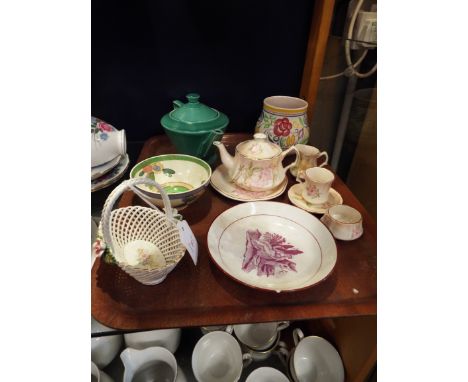 A mixed selection of china to include Palissy tea-for-one, Sadler Art Deco tea pot, lustre saucer, Poole vase etc