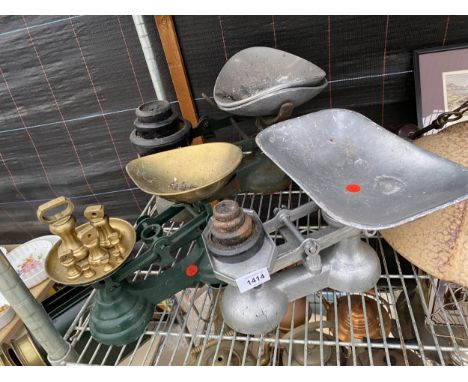 THREE SETS OF VINTAGE KITCHEN BALANCE SCALES WITH BRASS AND CAST IRON WEIGHTS 