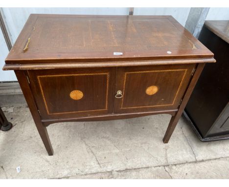 AN EDWARDIAN MAHOGANY SIDE CABINET WITH TWO INLAID DOORS 36" WIDE 