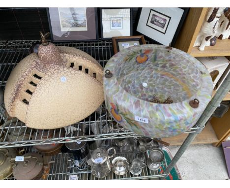A RETRO GLASS LIGHT SHADE AND A FURTHER LIGHT FITTING 