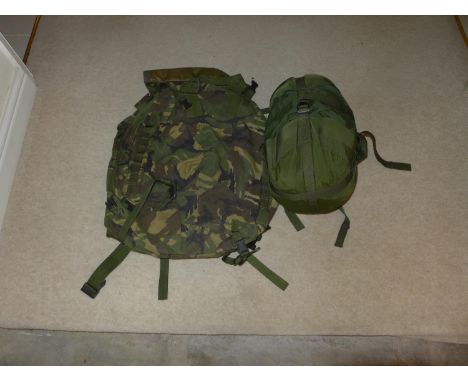 A BRITISH ARMY BERGEN BACKPACK AND A COMPRESSION BAG 