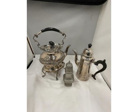 THREE SILVER PLATED ITEMS TO INCLUDE A SPIRIT KETTLE, COFFEE POT AND A SUGAR SIFTER 