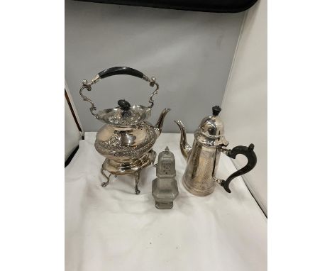 THREE SILVER PLATED ITEMS TO INCLUDE A SPIRIT KETTLE, COFFEE POT AND A SUGAR SIFTER 