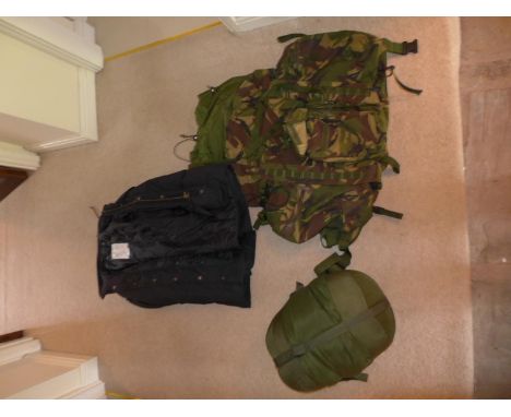 A BRITISH ARMY BERGEN BACKPACK, COMPRESSION BAG AND A COLD WEATHER JACKET (3) 