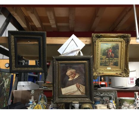 AN OIL ON BOARD OF A HUNTSMAN ON HIS HORSE, A PRINT OF AN ITALIAN MAN AND A BLACK AND GILT PICTURE FRAME 