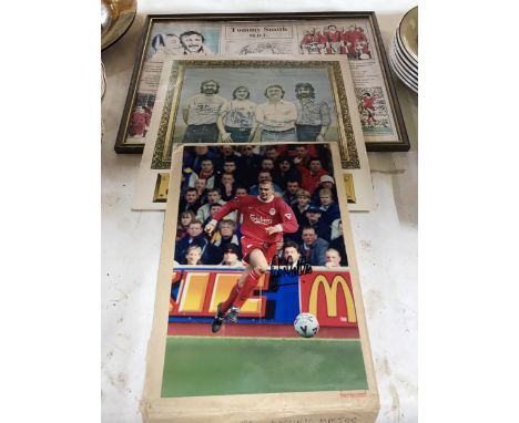 A COLLECTION OF LIVERPOOL FC MEMORIBILIA TO INCLUDE A SIGNED TOMMY SMITH FRAMED PRINT, SIGNED DOMINIC MATTEO SIGNED PHOTO AND