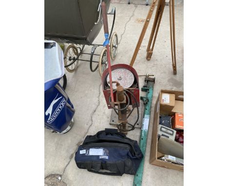 A VINTAGE PILLAR DRILL, A LARGE SASH CLAMP AND AN ASSORTMENT OF AEROSPACE TOOLS ETC 