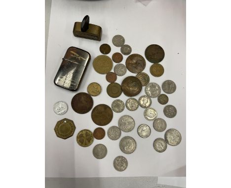 VARIOUS COINS, A LIGHTER, CLAMP, COLLERY TOKEN ETC 
