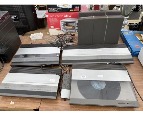 AN ASSORTMENT OF BANG AND OLUFSEN STEREO ITEMS TO INCLUDE RECORD PLAYER, CD PLAYER AND TWO SPEAKERS ETC 