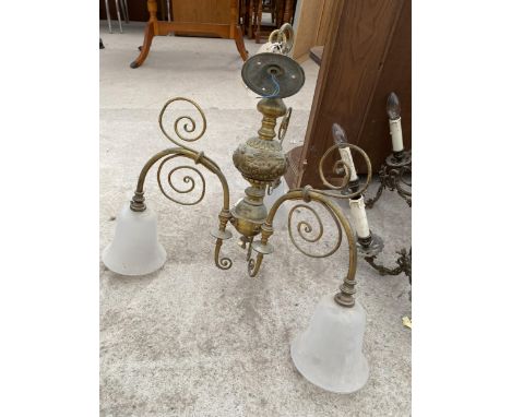 A DECORATIVE THREE BRANCH CEILING LIGHT FITTING WITH GLASS SHADES (ONE SHADE A/F) 