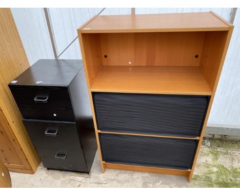 A BLACK ASH EFFECT THREE DRAWER FILING CABINET AND MODERN OFFICE UNIT WITH TWO TAMBOUR FRONTED SECTIONS, 33" WIDE 