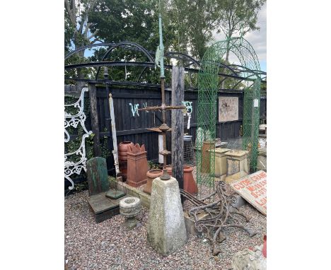 A GOOD EARLY 19C WROUGHT IRON AND COPPER WEATHER VANE ON SANDSTONE BASE APPROX 232CM HIGH 