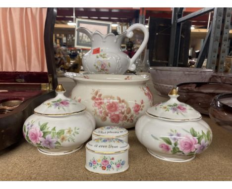 A LARGE JUG &amp; BOWL, AN ARTHUR WOOD CHAMBER POT, FRANCESCA CHINA LIDDED POTS, CROWN STAFFORDSHIRE TRINKET BOXES 