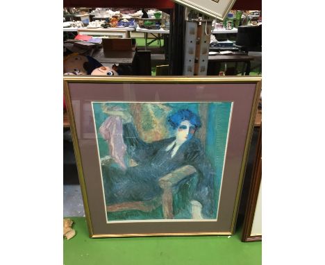 ALARGE LIMITED EDITION FRAMED PRINT OF A RECLINING LADY - 512/950, SIGNED BARBARA A WOOD 90CM X 83CM WITH FRAME 