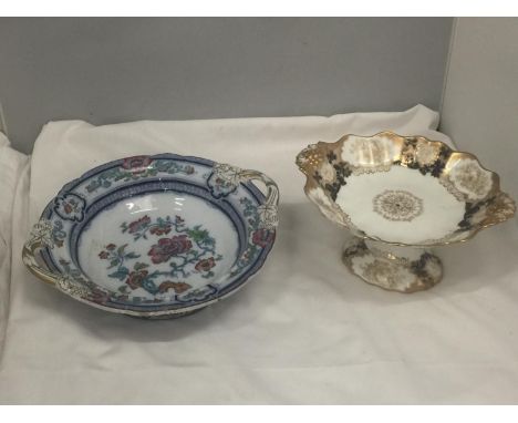 A VINTAGE CROWN WESTMINSTER FOOTED BOWL WITH GILT AND FLORAL DECORATION PLUS A BLUE AND GILT TAZA DISH 