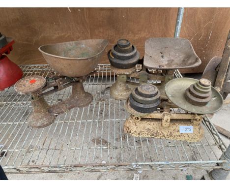 THREE SETS OF VINTAGE KITCHEN BALANCE SCALES WITH WEIGHTS 
