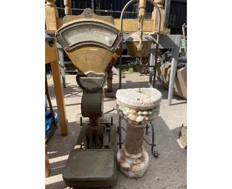 VINTAGE SCALES, MARBLE PLINTH + KETTLE ON STAND 