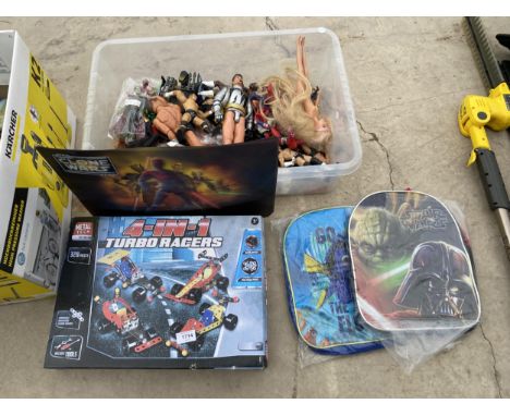 AN ASSORTMENT OF TOYS AND ACTION FIGURES TO INCLUDE ACTION MAN AND POWER RANGERS ETC 