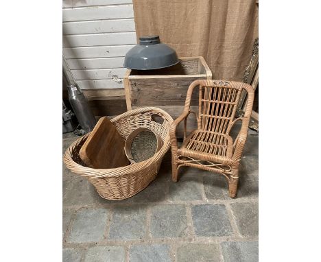 MIXED LOT - PINE BOX ON WHEELS/LAMP/WICKER BASKET AND CONTENTS 