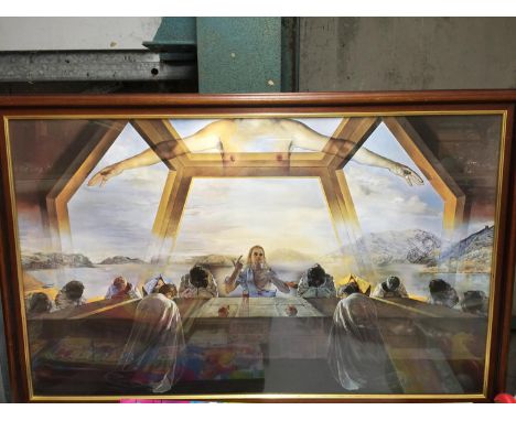 A LARGE FRAMED PRINT OF A MODERN TAKE ON THE LAST SUPPER 