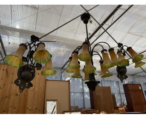 THREE ART DECO STYLE LIGHT FITTINGS WITH COLOURED GLASS SHADES TO INCLUDE A CEILING LIGHT AND TWO WALL LIGHTS 