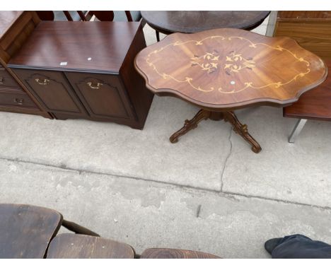 A SMALL ROSSMORE FURNITURE TWO DOOR CABINET AND ITALIAN STYLE INLAID COFFEE TABLE 