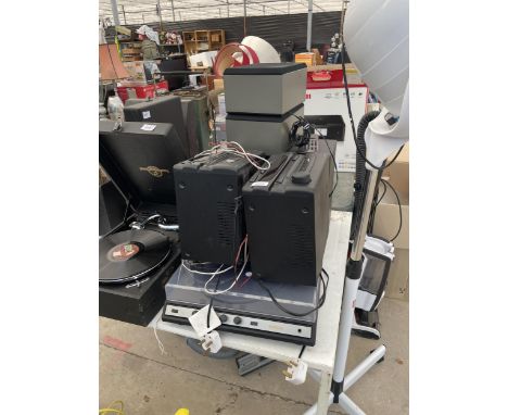 AN ASSORTMENT OF STEREO SYSTEM ITEMS TO INCLUDE A RECORD PLAYER, CD PLAYER AND SPEAKERS ETC 