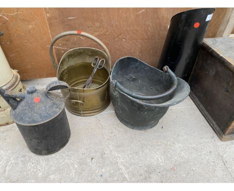 THREE VARIOUS COAL SKUTTLES AND A VINTAGE OIL CAN 