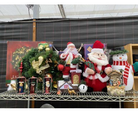 AN EXTENSIVE COLLECTION OF CHRISTMAS DECORATIONS TO INCLUDE AN ILLUMINATED SNOWMAN, SANTA FIGURES, A MUSICAL NATIVITY SCENE A