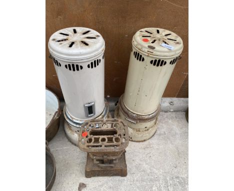TWO VINTAGE PARAFIN GREENHOUSE HEATERS AND A PARAFIN STOVE 