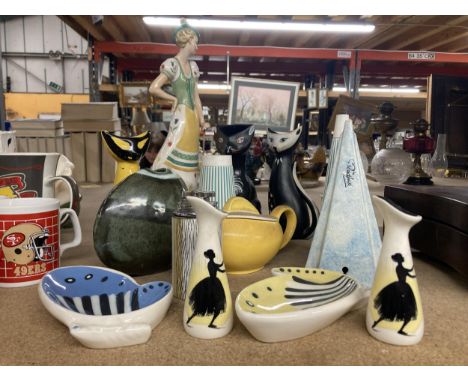 A MIXED LOT OF COLLECTABLES TO INCLUDE A FIGURINE OF A DUTCH LADY ON PLINTH, CERAMIC CATS, HORNSEA POTTERY, ART DECO TEAPOT E