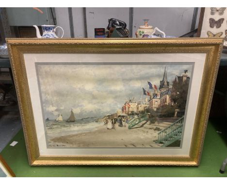 A GILT FRAMED CLAUDE MONET PRINT - 'THE BOARDWALK AT TROUVILLE' 119CM X 87CM 