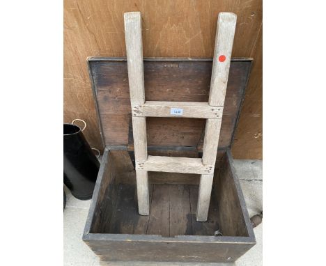 A VINTAGE WOODEN JOINERS CHEST AND A TWO RUNG WOODEN LADDER 