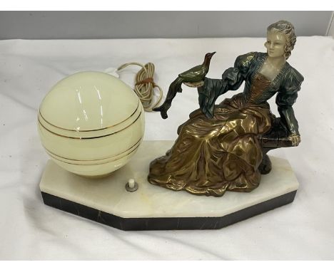 AN UNUSUAL DECO LAMP WITH PIANTED BRASS LADY WITH A PEACOCK, GLOBE SHAPED SHADE ON A MARBLE BASE 